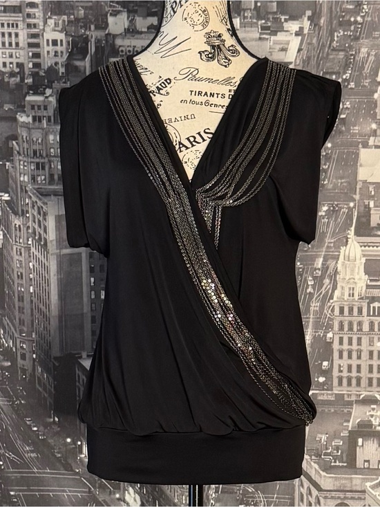 Arden B Tops - Black Draped Surplice Top w. Silver Metallic Chain Embellishment